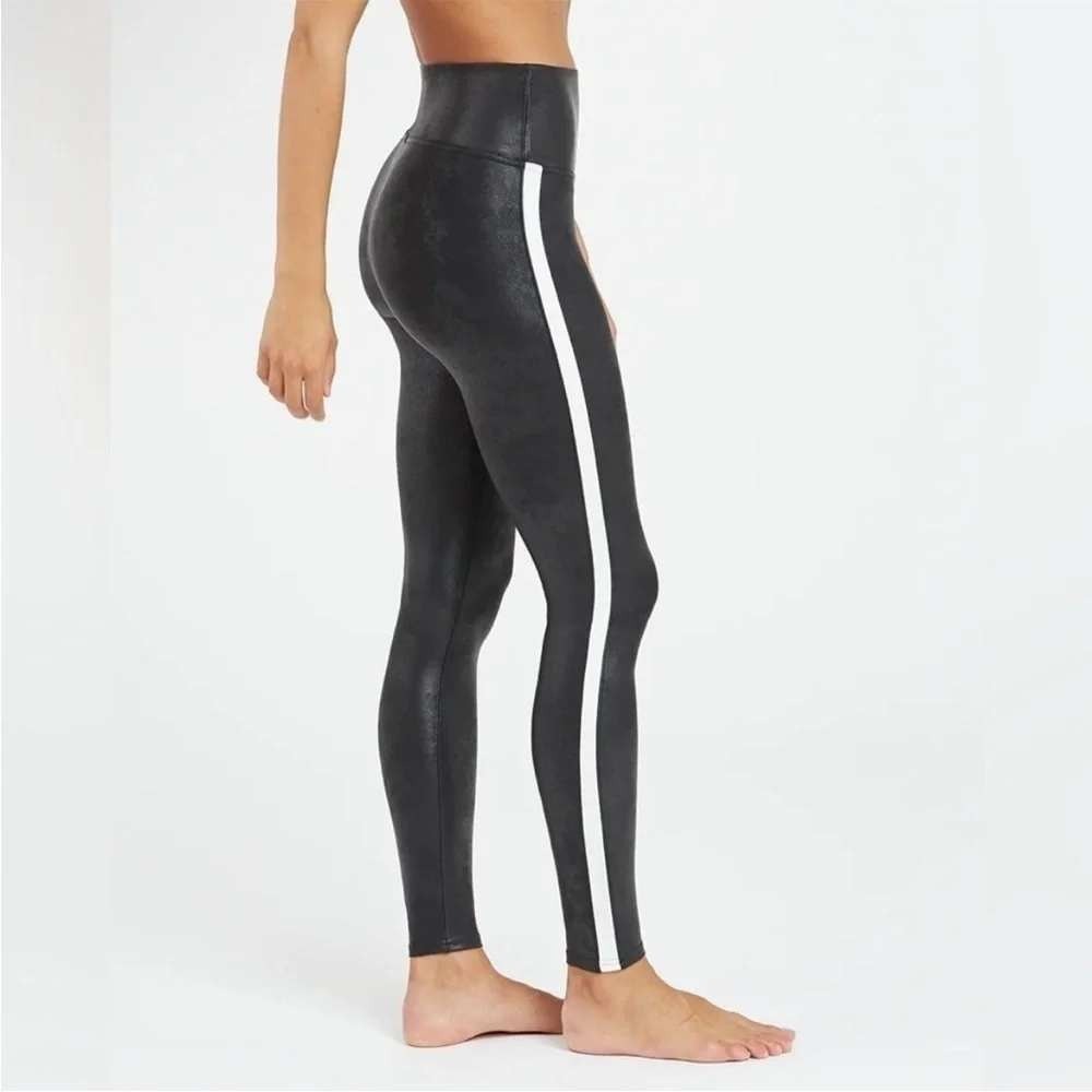Spanx women's size L faux leather leggings black white side stripe stretchy